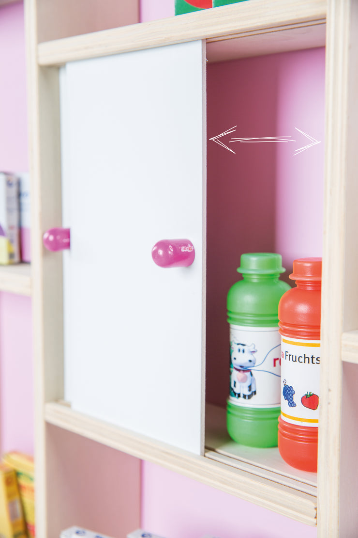 Achetez de nature en bois, y compris le comptoir latéral, l'horloge, le mur arrière en portes coulissantes roses et blanches