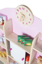 Achetez de nature en bois, y compris le comptoir latéral, l'horloge, le mur arrière en portes coulissantes roses et blanches