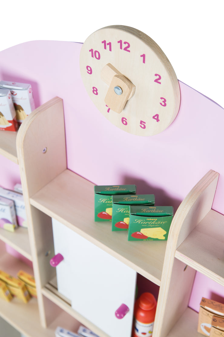 Achetez de nature en bois, y compris le comptoir latéral, l'horloge, le mur arrière en portes coulissantes roses et blanches