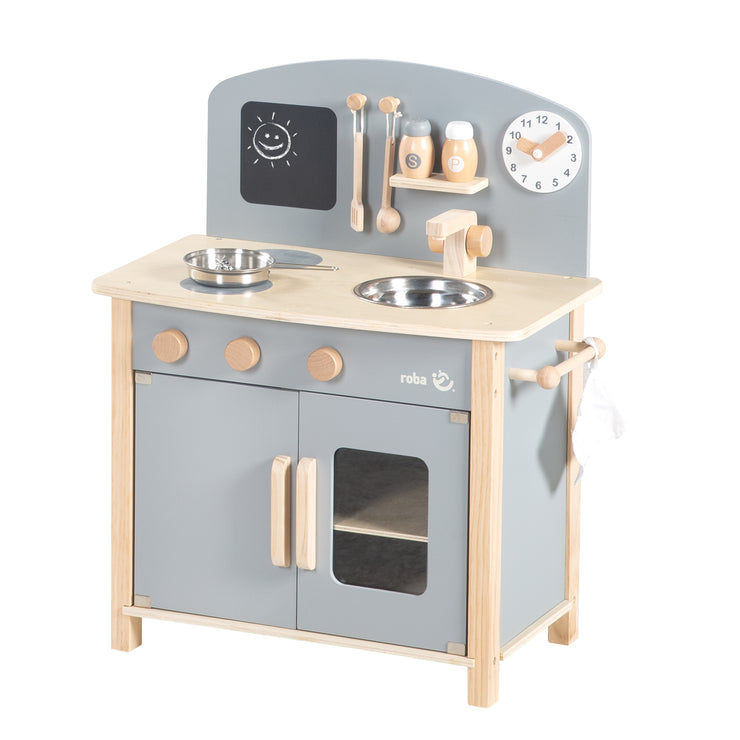 Cucina giocattolo grigio/naturale, con 2 zone cottura, lavello, rubinetto e accessori