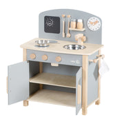 Cucina giocattolo grigio/naturale, con 2 zone cottura, lavello, rubinetto e accessori