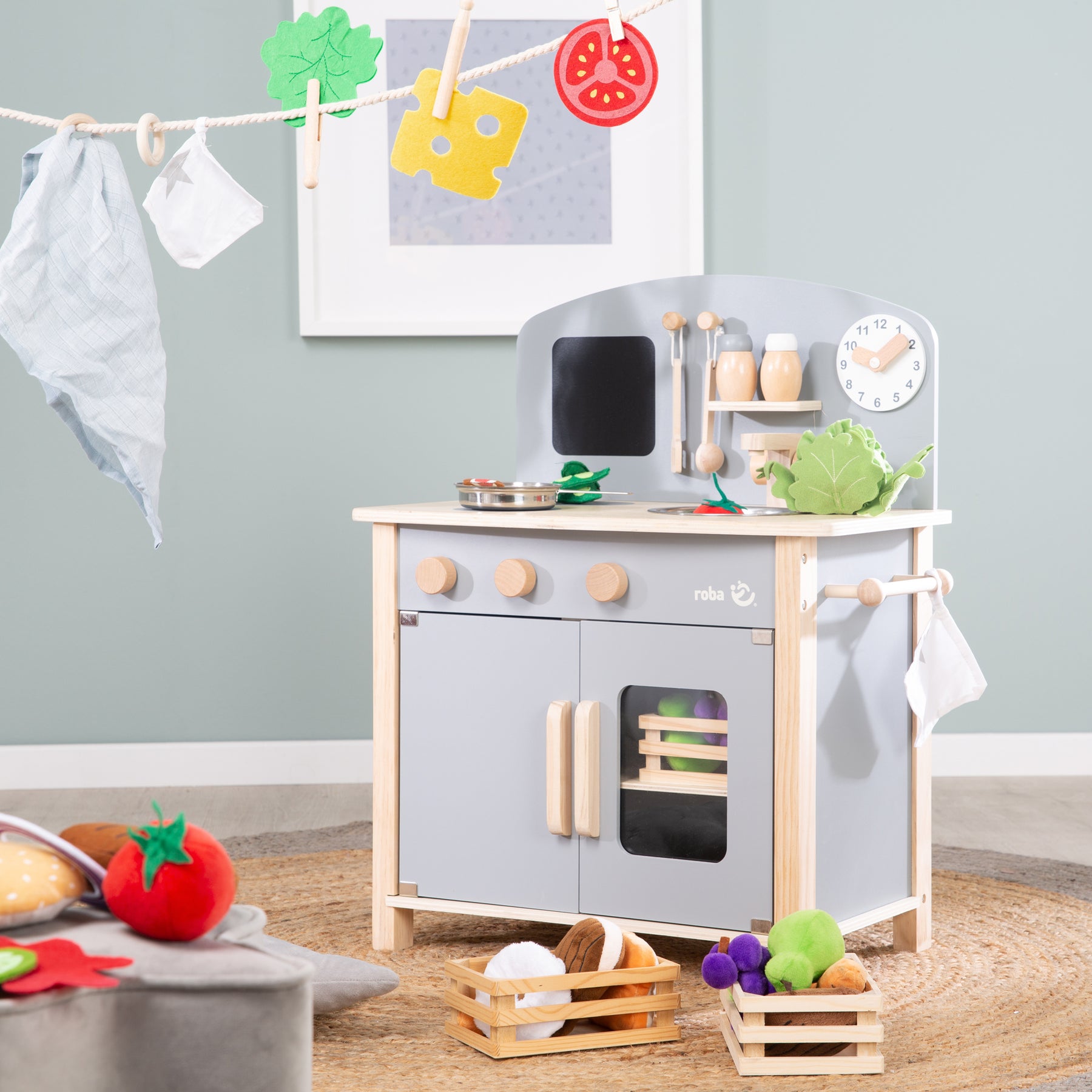 Play Kitchen Grey/Natural, with Cooking Hobs, Sink, Faucet Accessories