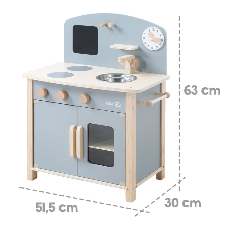 Cucina giocattolo grigio/naturale, con 2 zone cottura, lavello, rubinetto e accessori