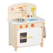 Spielküche weiß/natur, Spielzeug-Küchenzeile mit 2 Kochstellen, Spüle, Wasserhahn & Zubehör