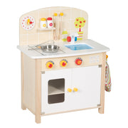 Play kitchen, white, natural, toy kitchen unit with 2 burners, sink, faucet & accessories