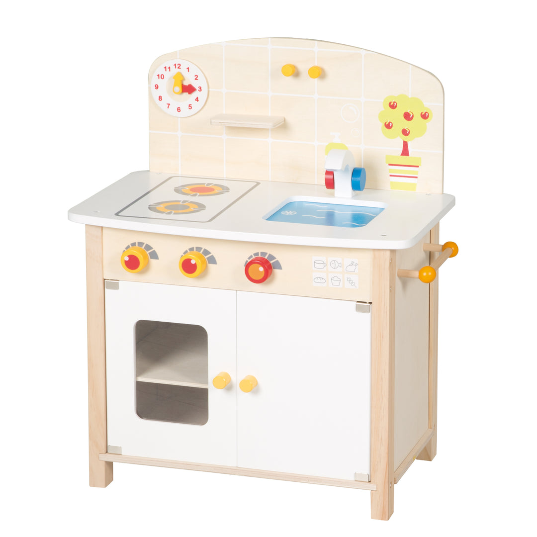 Spielküche weiß/natur, Spielzeug-Küchenzeile mit 2 Kochstellen, Spüle, Wasserhahn & Zubehör