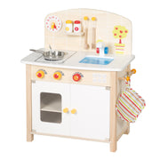 Play kitchen, white, natural, toy kitchen unit with 2 burners, sink, faucet & accessories