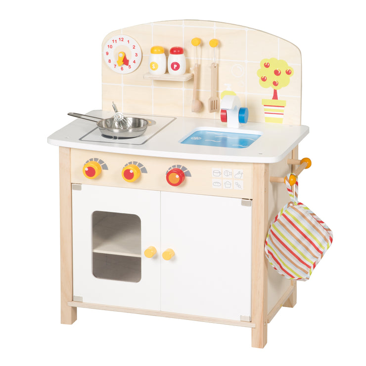Spielküche weiß/natur, Spielzeug-Küchenzeile mit 2 Kochstellen, Spüle, Wasserhahn & Zubehör
