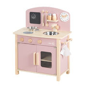 Cucina giocattolo, bianca, naturale, rosa, con 2 piastre, lavello, scaffale e accessori