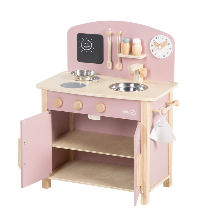Gioca alla cucina bianca/natura/rosa con 2 biscotti, lavandino, rubinetto e accessori
