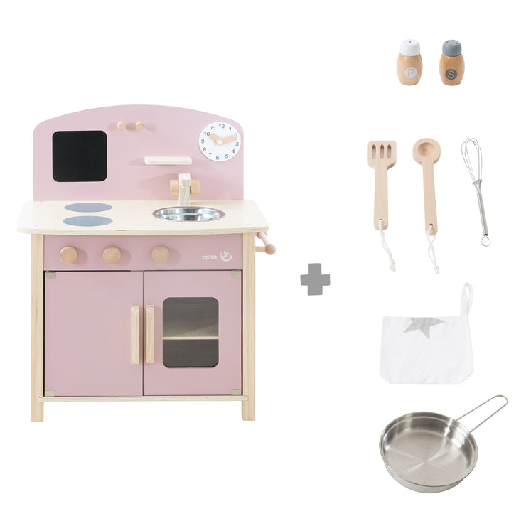 Gioca alla cucina bianca/natura/rosa con 2 biscotti, lavandino, rubinetto e accessori