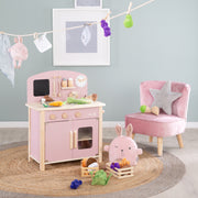 Gioca alla cucina bianca/natura/rosa con 2 biscotti, lavandino, rubinetto e accessori