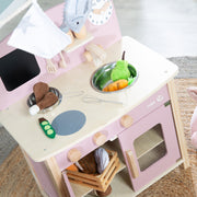 Gioca alla cucina bianca/natura/rosa con 2 biscotti, lavandino, rubinetto e accessori