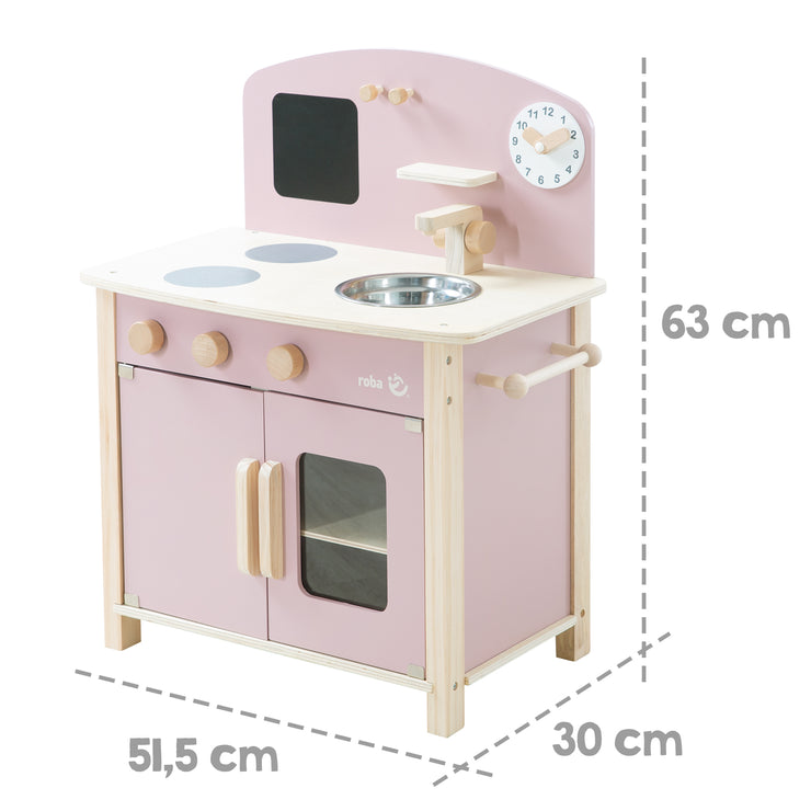 Gioca alla cucina bianca/natura/rosa con 2 biscotti, lavandino, rubinetto e accessori