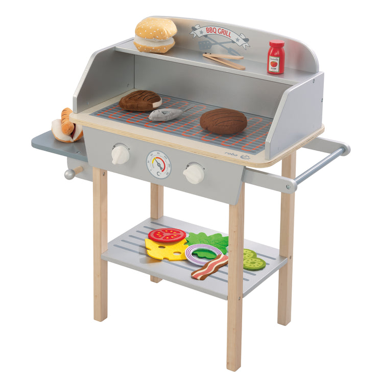 BBQ grill made of wood, with 14-piece fabric accessories, toy barbecue grill, from 3 years