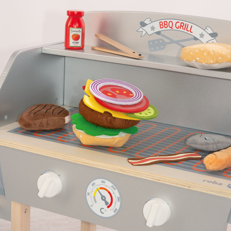 BBQ grill made of wood, with 14-piece fabric accessories, toy barbecue grill, from 3 years