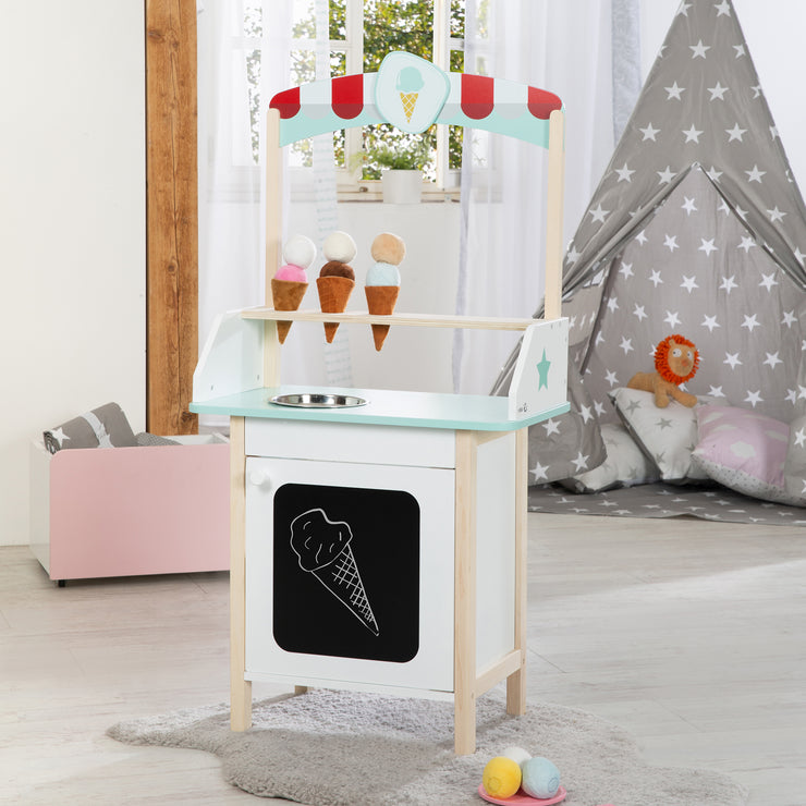 Ice cream stand made of wood, with accessories, 3 fabric ice cream cones, 6 ice cream scoops made of plush, from 3 years
