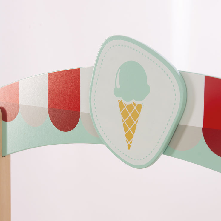 Puesto de helado de madera, con accesorios, 3 conos de helado de tela, 6 bolas de helado de felpa, a partir de 3 años