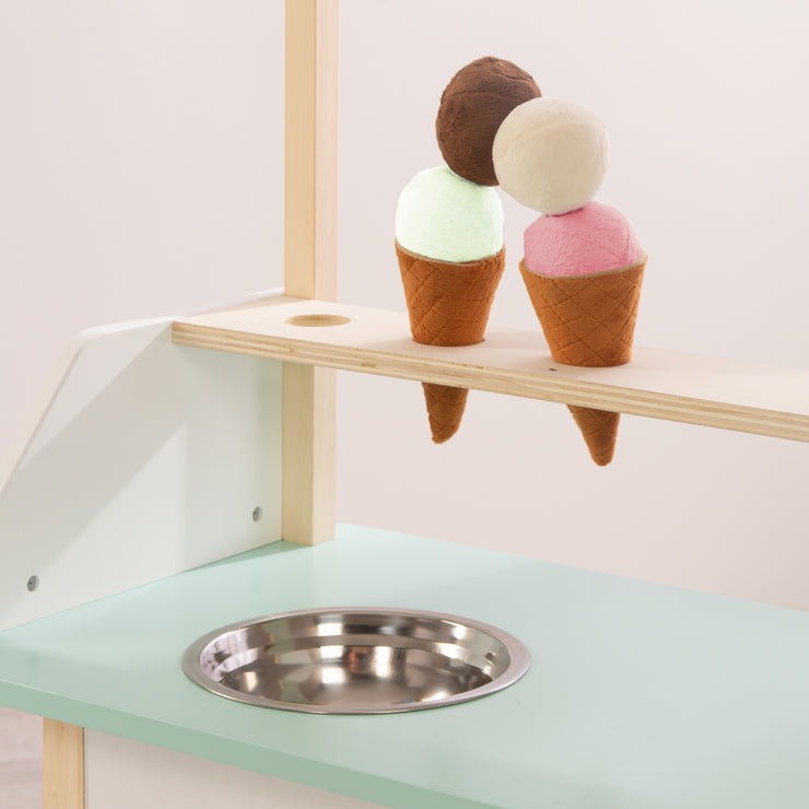 Ice cream stand made of wood, with accessories, 3 fabric ice cream cones, 6 ice cream scoops made of plush, from 3 years