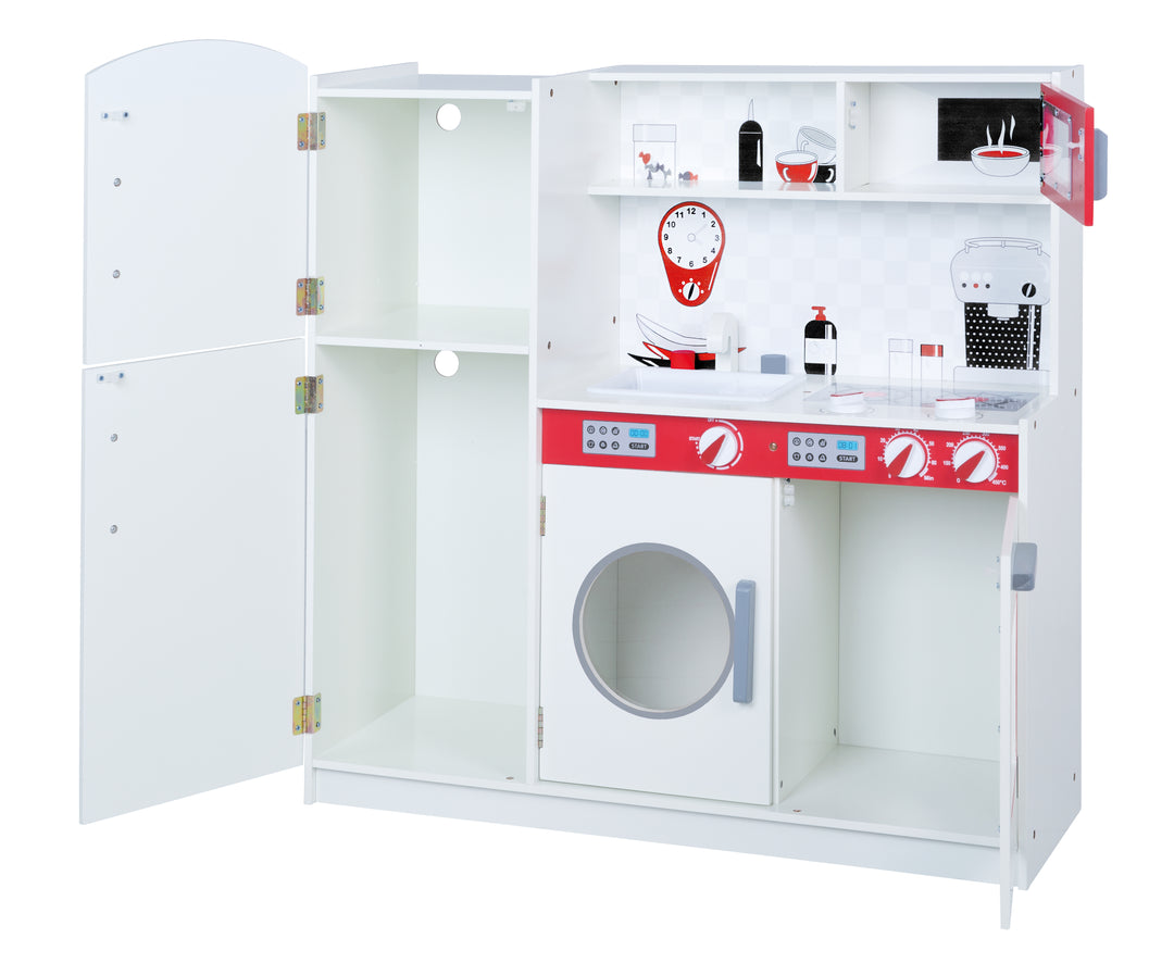 Spiel- & Kinderküche weiß/ rot - inkl. Kühlschrank, Tafel, Herd, Mikrowelle, Spüle, Wasserhahn