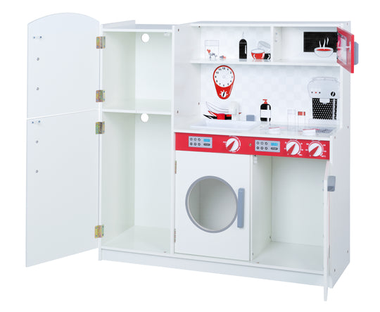 Spiel- & Kinderküche weiß/ rot - inkl. Kühlschrank, Tafel, Herd, Mikrowelle, Spüle, Wasserhahn