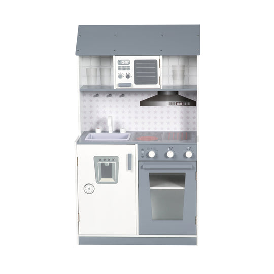 Cocina de juego para niños blanco/gris - incluye fregadero, grifo, microondas, parrilla, placas de cocina y frigorífico