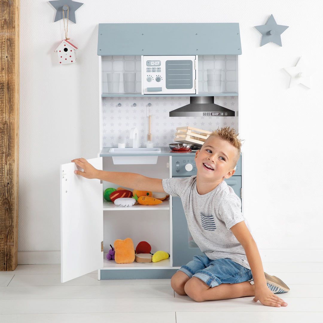 Cocina de juego para niños blanco/gris - incluye fregadero, grifo, microondas, parrilla, placas de cocina y frigorífico