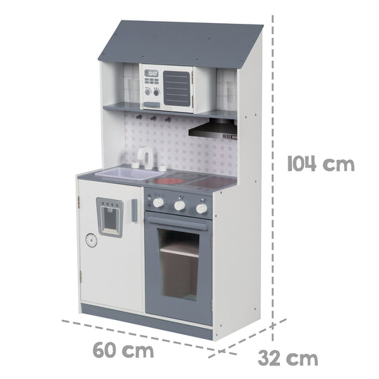 Cocina de juego para niños blanco/gris - incluye fregadero, grifo, microondas, parrilla, placas de cocina y frigorífico