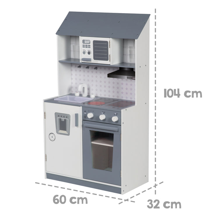 Play & Children's Kitchen - White/grey - Incl. sink, tap, microwave, cooker, grill, hot plates, fridge