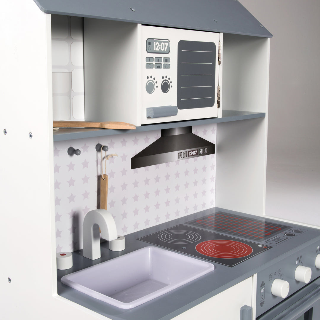 Cocina de juego para niños blanco/gris - incluye fregadero, grifo, microondas, parrilla, placas de cocina y frigorífico