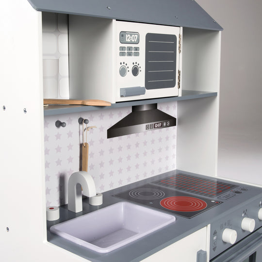 Cocina de juego para niños blanco/gris - incluye fregadero, grifo, microondas, parrilla, placas de cocina y frigorífico