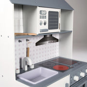 Cucina per giochi e bambini bianco/grigio - incl. lavandino, rubinetto, microonde, fornello, grill, piastre, frigorifero