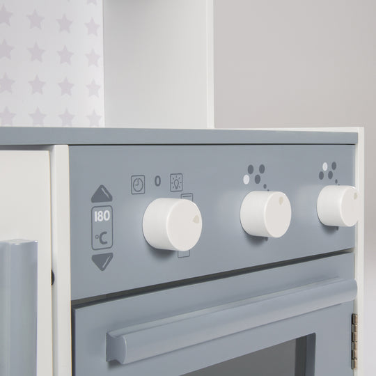 Cocina de juego para niños blanco/gris - incluye fregadero, grifo, microondas, parrilla, placas de cocina y frigorífico