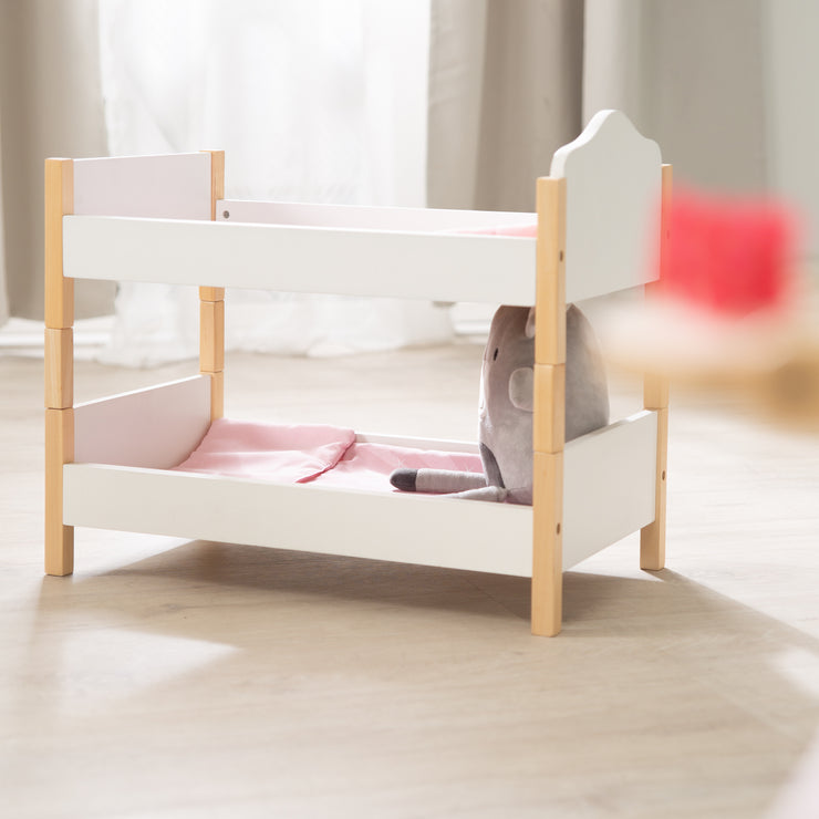 Doll bunk bed 'Scarlett', divisible, white lacquered, including textile equipment with a crown motif