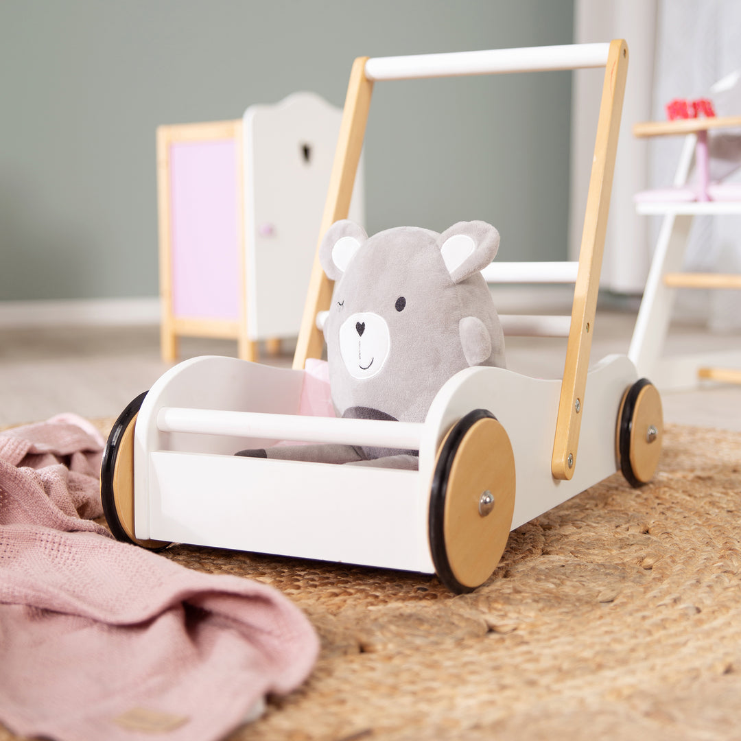 Passeggino 'Scarlett', laccato bianco, carrozzina per bambole con tessuti rosa