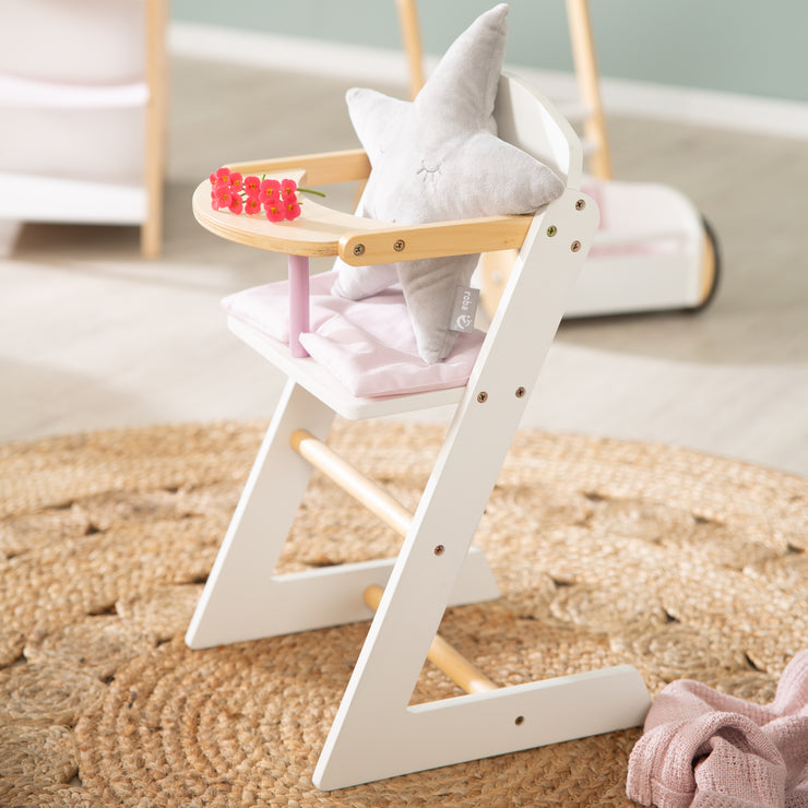 Chaise haute pour poupées "Scarlett", en bois blanc pour poupée de bébé