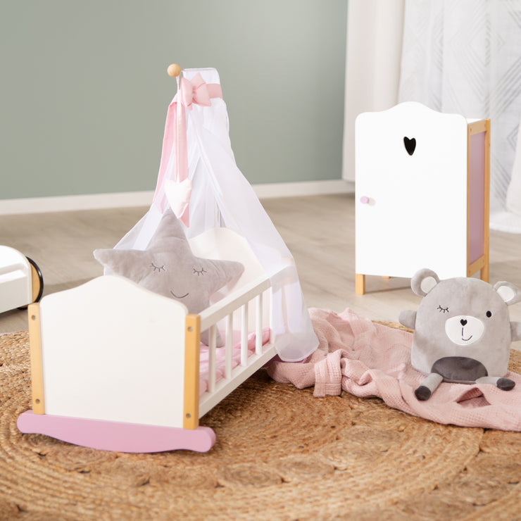 Doll cradle made of doll furniture series 'Scarlett' including textile equipment, white painted