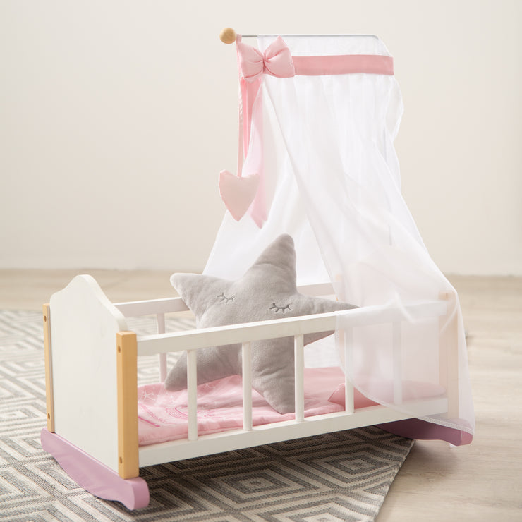 Doll cradle made of doll furniture series 'Scarlett' including textile equipment, white painted