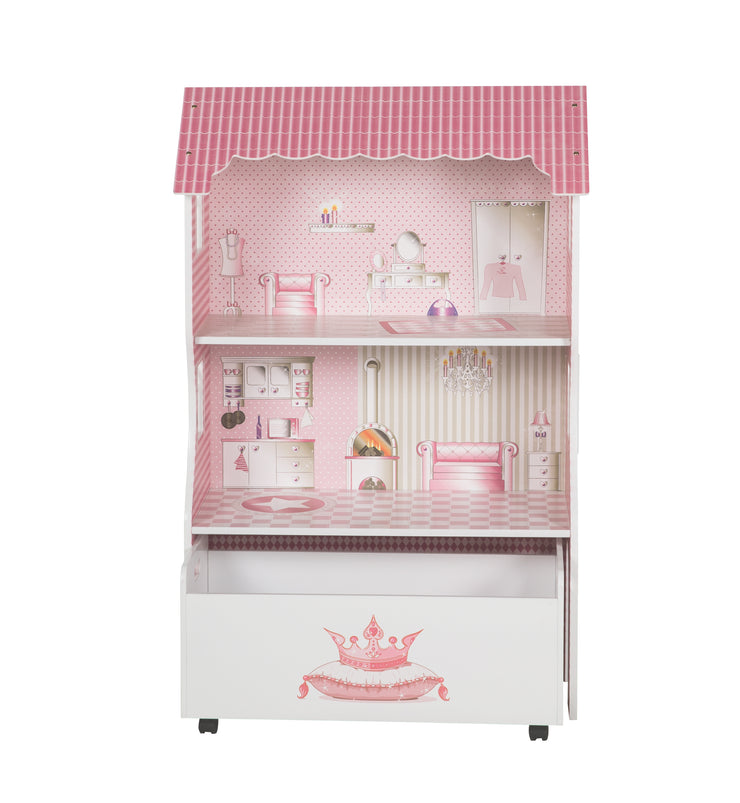 Casa de muñecas y estantería de juego incl. caja de almacenamiento para juguetes, rosa/blanco