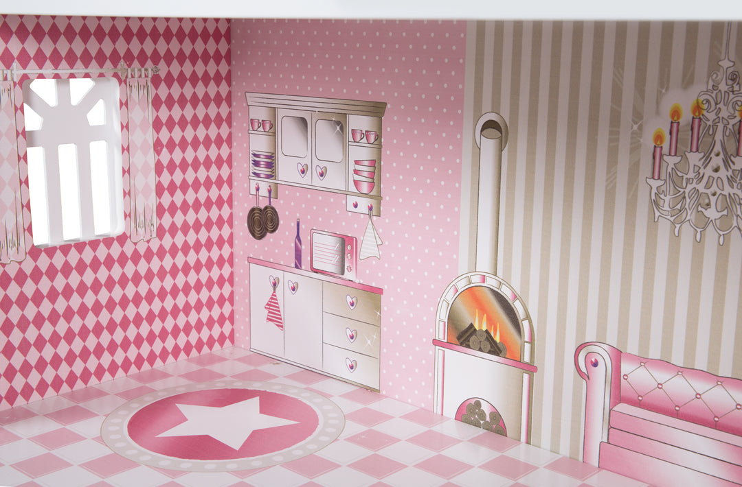 Dollhouse & Play Shelf Including Storage Box for Toys, Pink/White