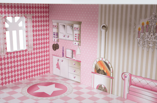 Dollhouse & Play Shelf Including Storage Box for Toys, Pink/White