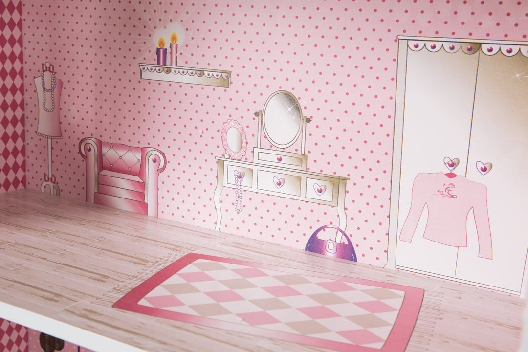 Dollhouse & Play Shelf Including Storage Box for Toys, Pink/White