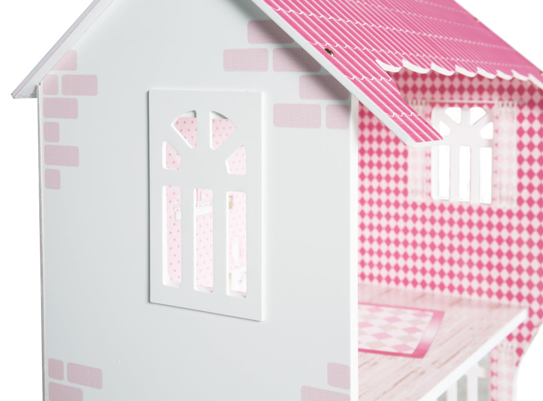 Dollhouse & Play Shelf Including Storage Box for Toys, Pink/White