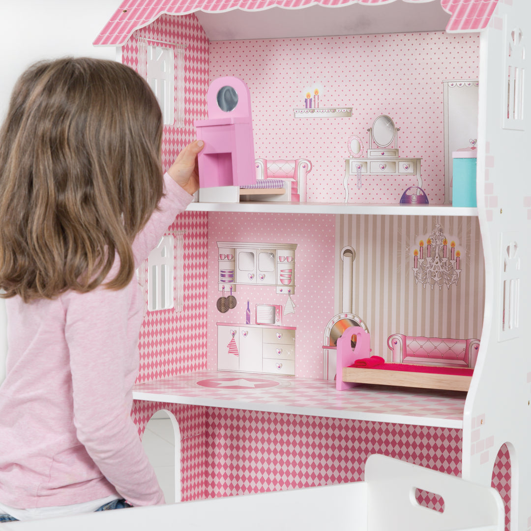 Dollhouse & Play Shelf Including Storage Box for Toys, Pink/White
