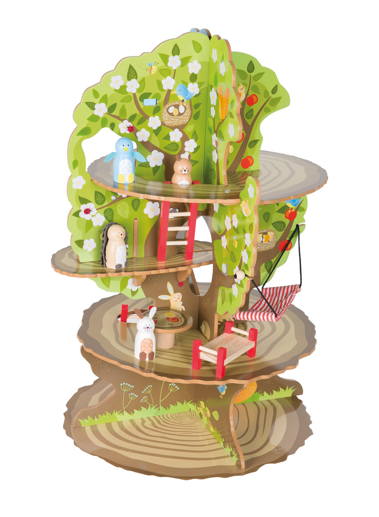 Maison de l'arbre "4 saisons" - arbre en bois avec 4 côtés de jeu, animaux et accessoires inclus