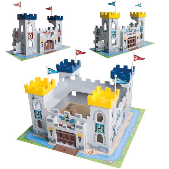 Château '3 en 1', Set châteaux en bois, 2 châteaux reliables à un grand fort