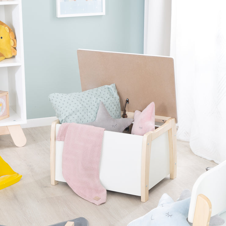 Coffre pour enfants et jouets en bois massif, bicolor, avec garniture d'amortissement