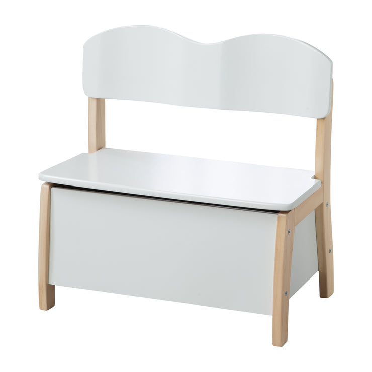 Kindertruhenbank aus Massivholz & MDF gefertigt, Rücken- & Sitzfläche weiß lackiert