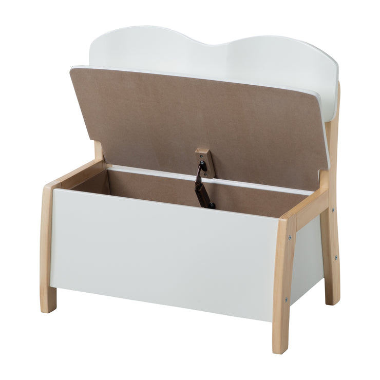 Banco de pecho para niños hecho de madera maciza y MDF, respaldo y asiento pintados de blanco