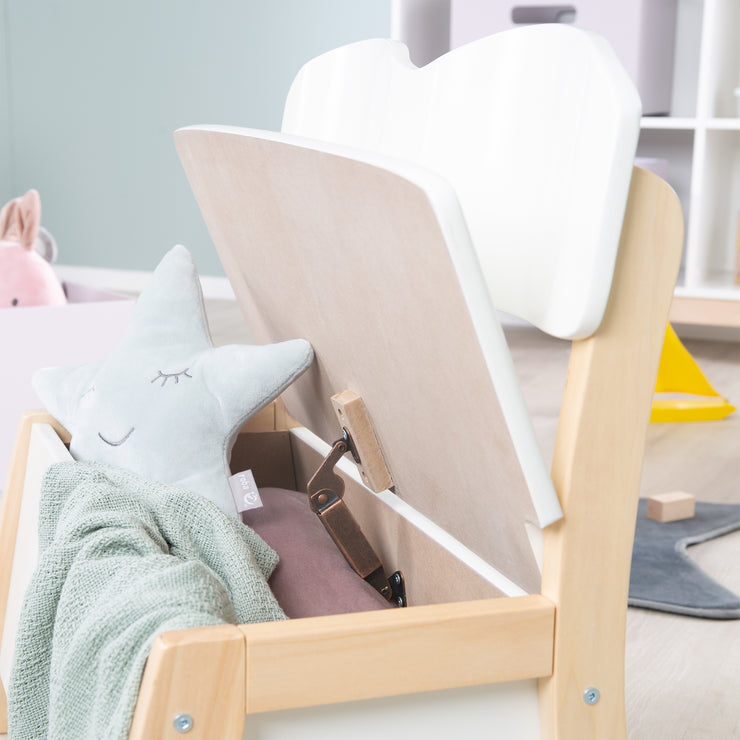 Banc à mastication des enfants en bois massif et MDF fabriqué, dos et siège peint blanc